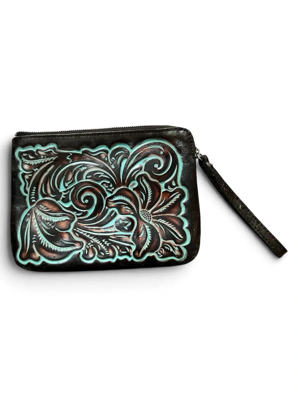 Patricia Nash~Hand-Tooled Floral Leather Wristlet in Turquoise and Brown